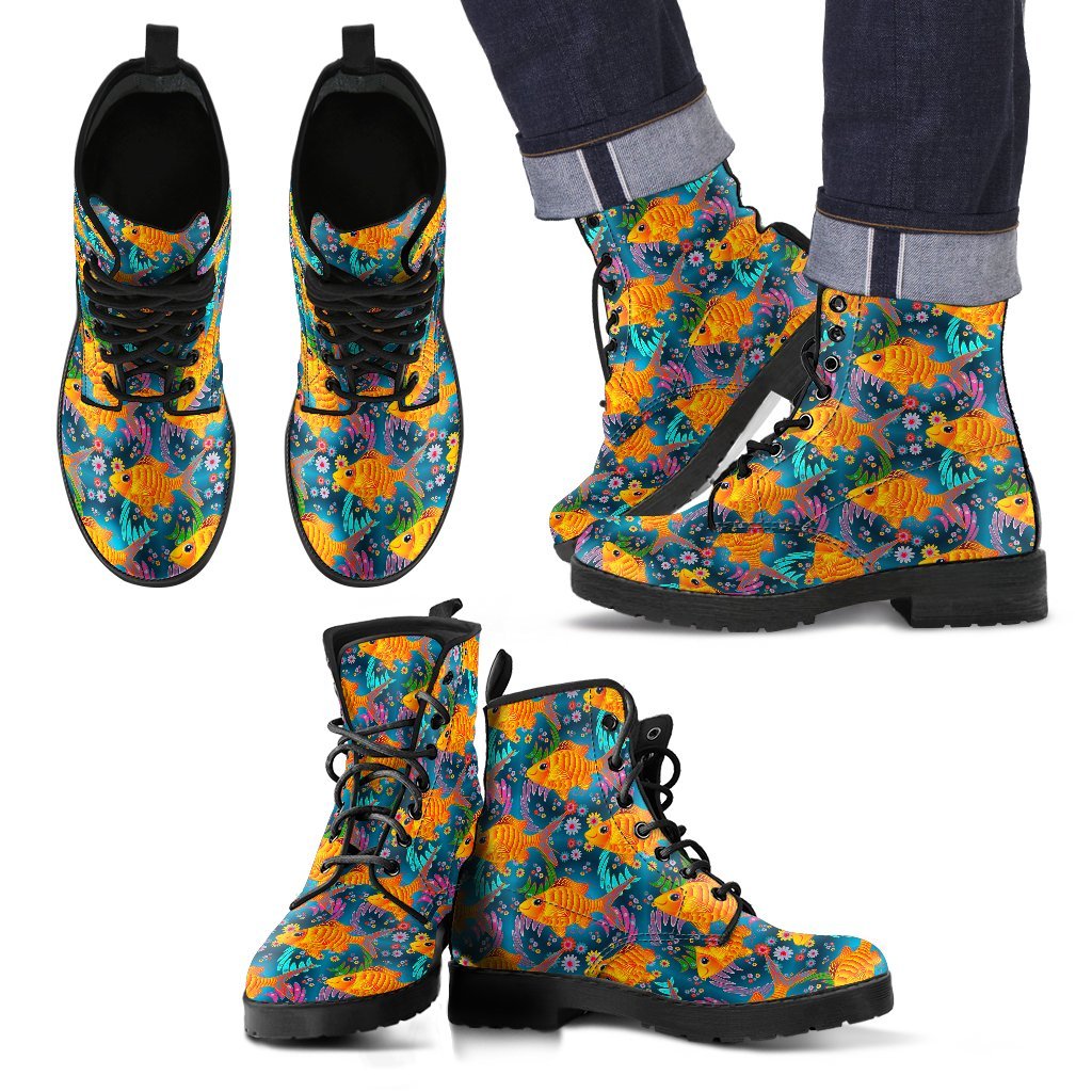 Goldfish Flower Pattern Print Men Women Leather Boots-grizzshop