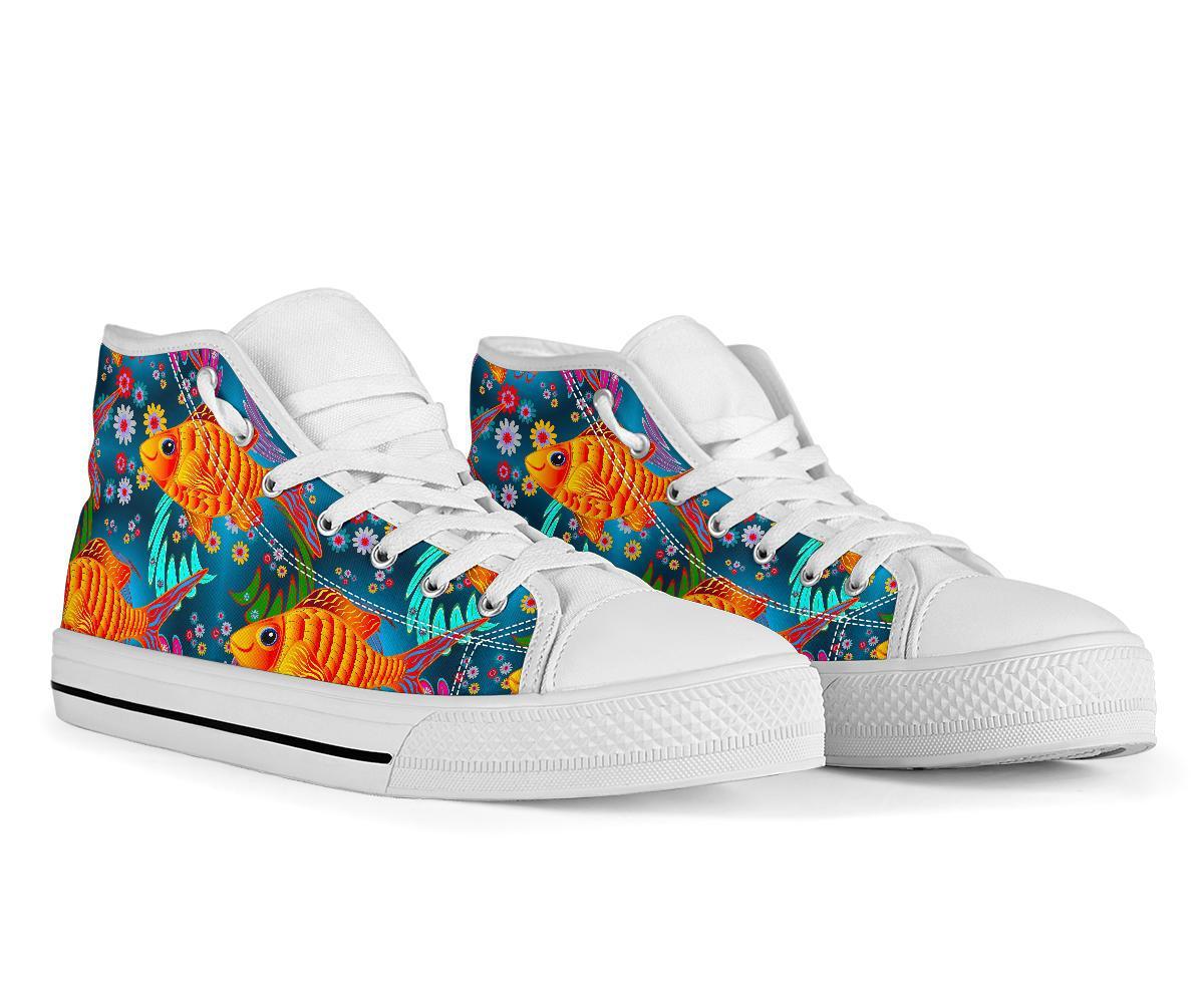 Goldfish Flower Pattern Print Men Women's High Top Shoes-grizzshop