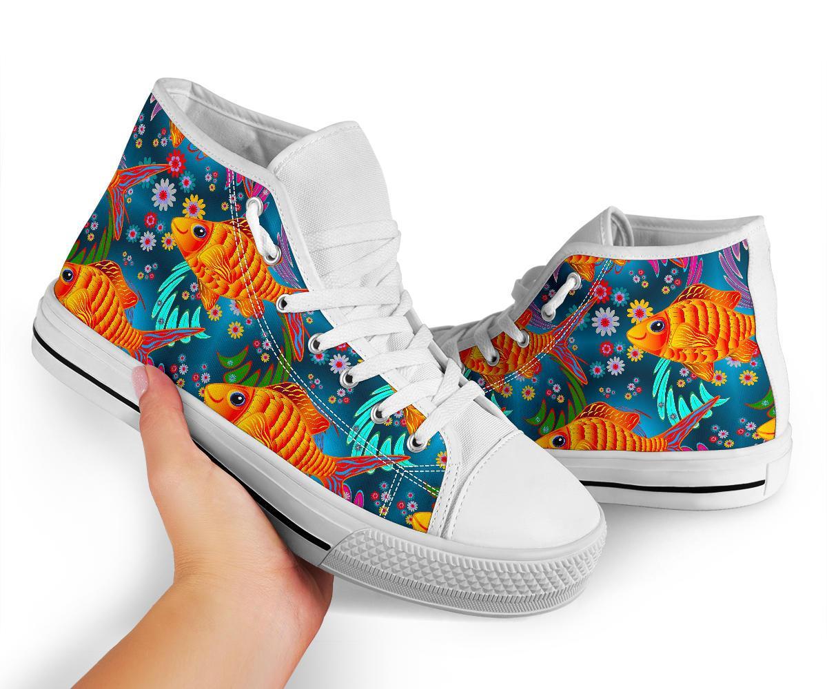 Goldfish Flower Pattern Print Men Women's High Top Shoes-grizzshop