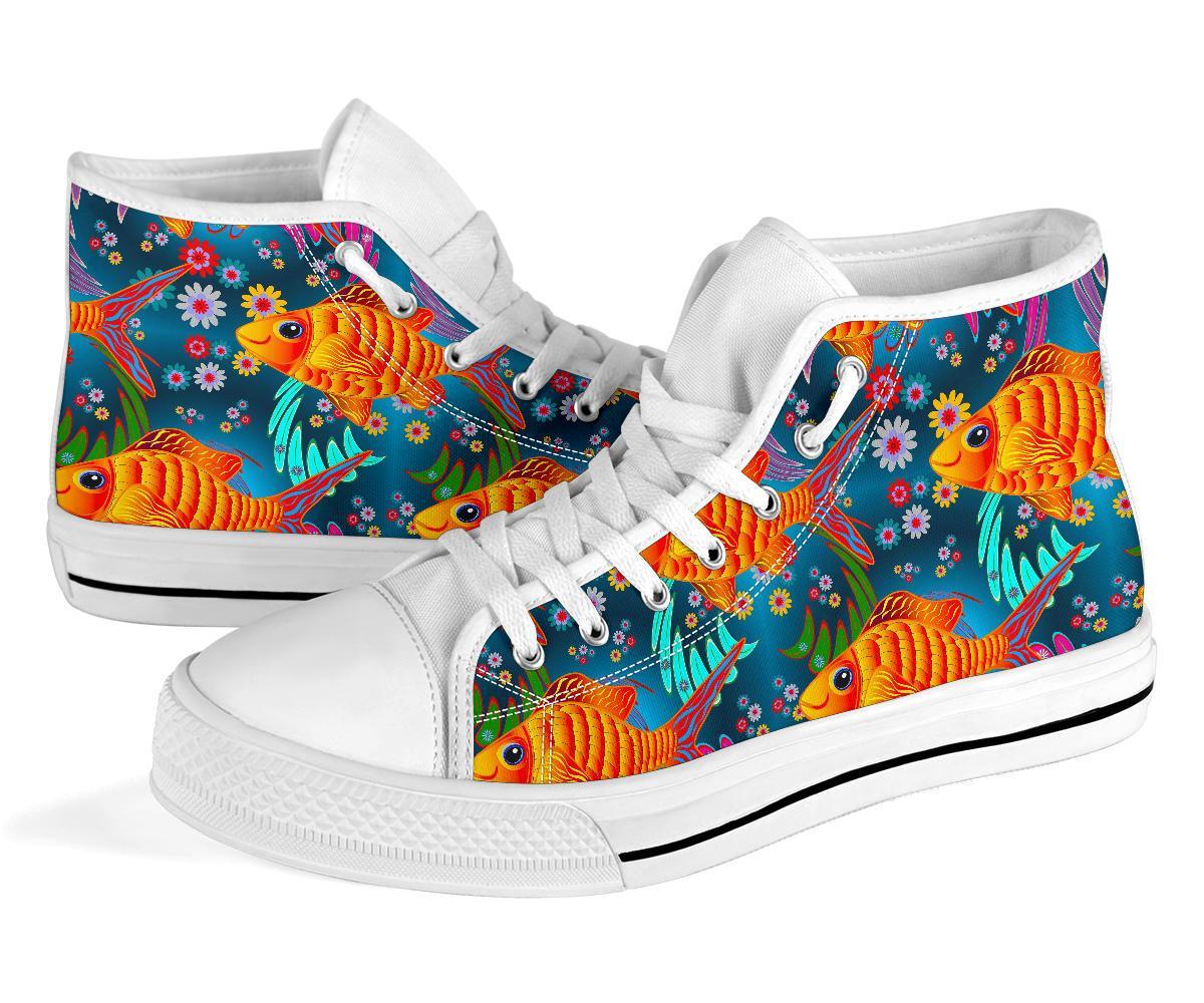 Goldfish Flower Pattern Print Men Women's High Top Shoes-grizzshop