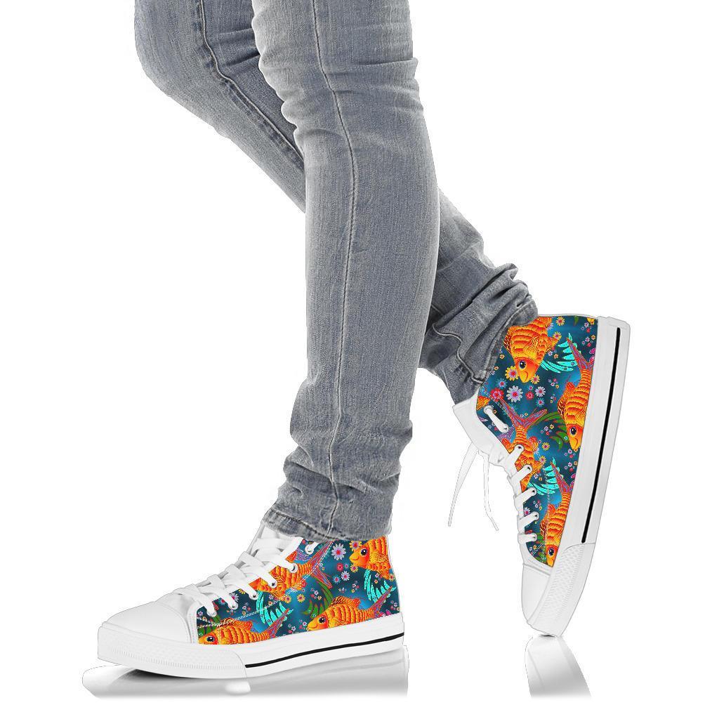 Goldfish Flower Pattern Print Men Women's High Top Shoes-grizzshop