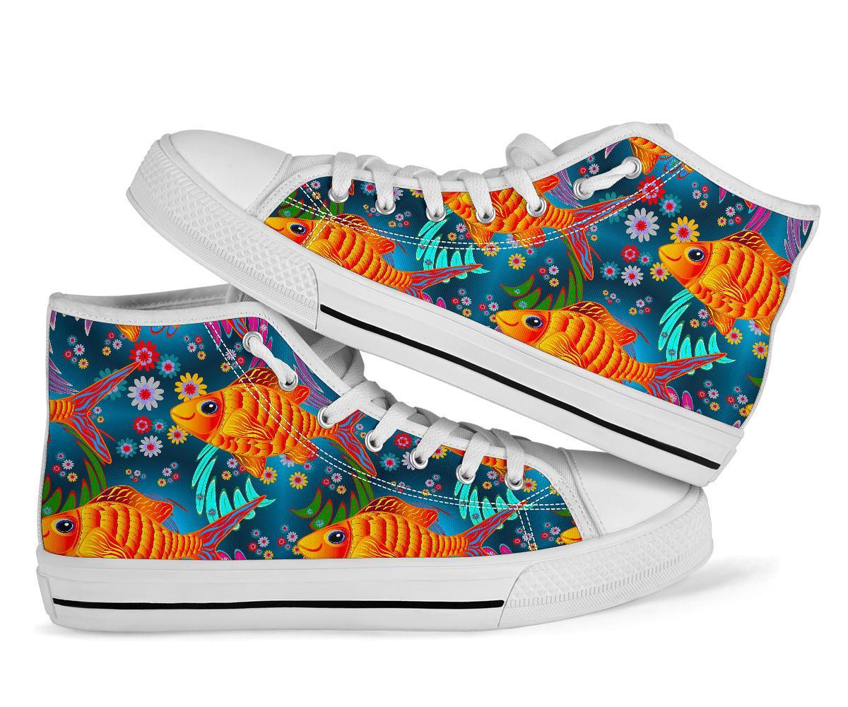 Goldfish Flower Pattern Print Men Women's High Top Shoes-grizzshop