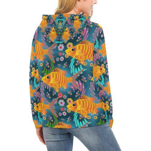 Goldfish Flower Pattern Print Women Pullover Hoodie-grizzshop