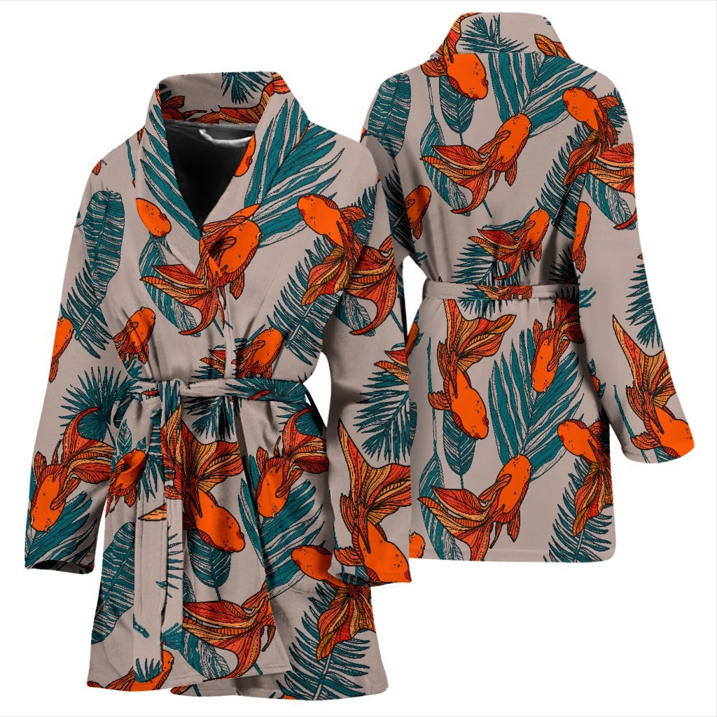 Goldfish Leaf Pattern Print Women Long Robe-grizzshop