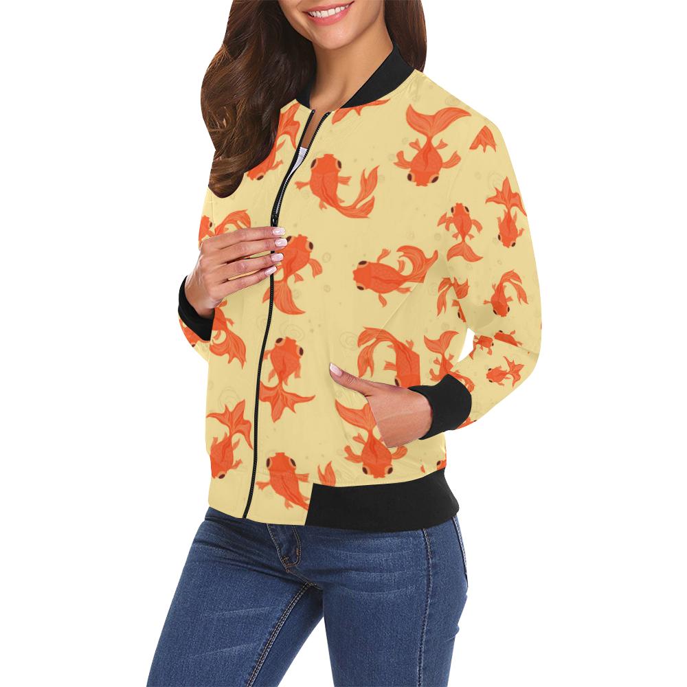 Goldfish Pattern Print Women Casual Bomber Jacket-grizzshop