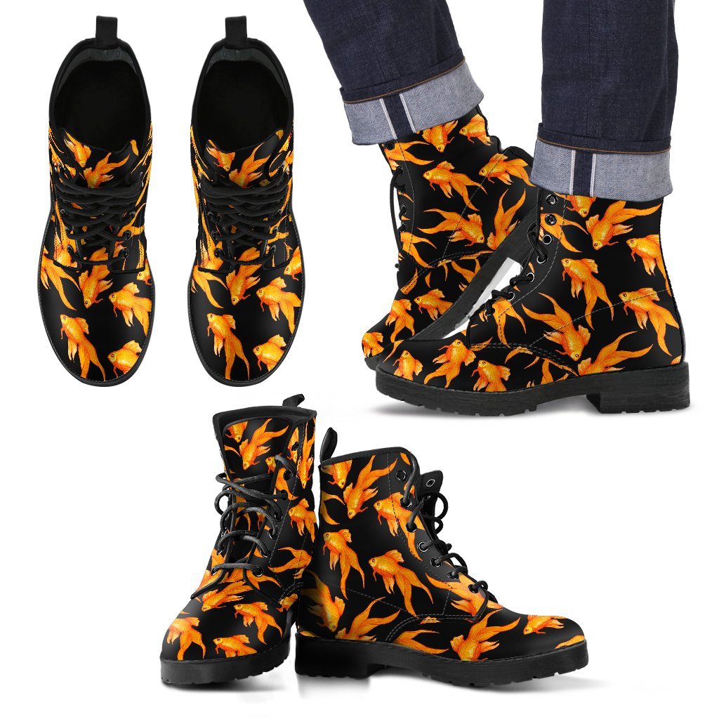 Goldfish Print Pattern Men Women Leather Boots-grizzshop