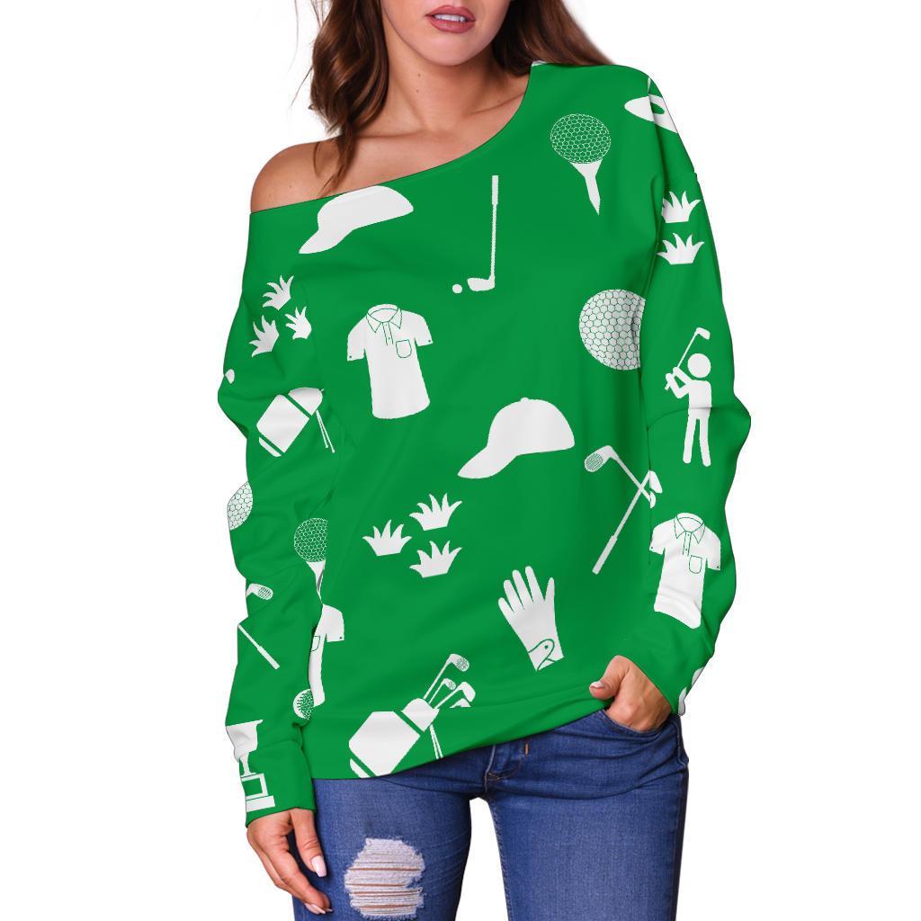 Golf Green Pattern Print Women Off Shoulder Sweatshirt-grizzshop