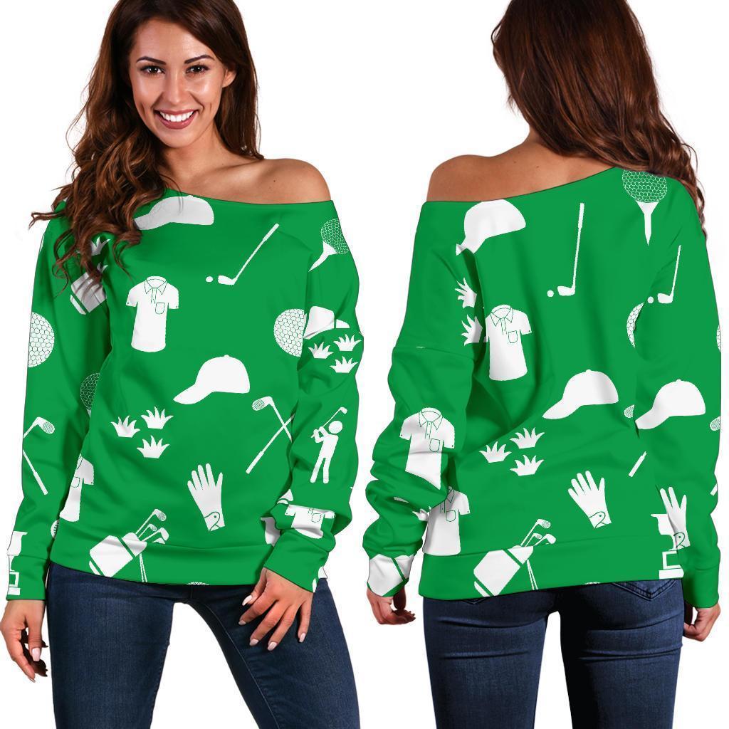 Golf Green Pattern Print Women Off Shoulder Sweatshirt-grizzshop