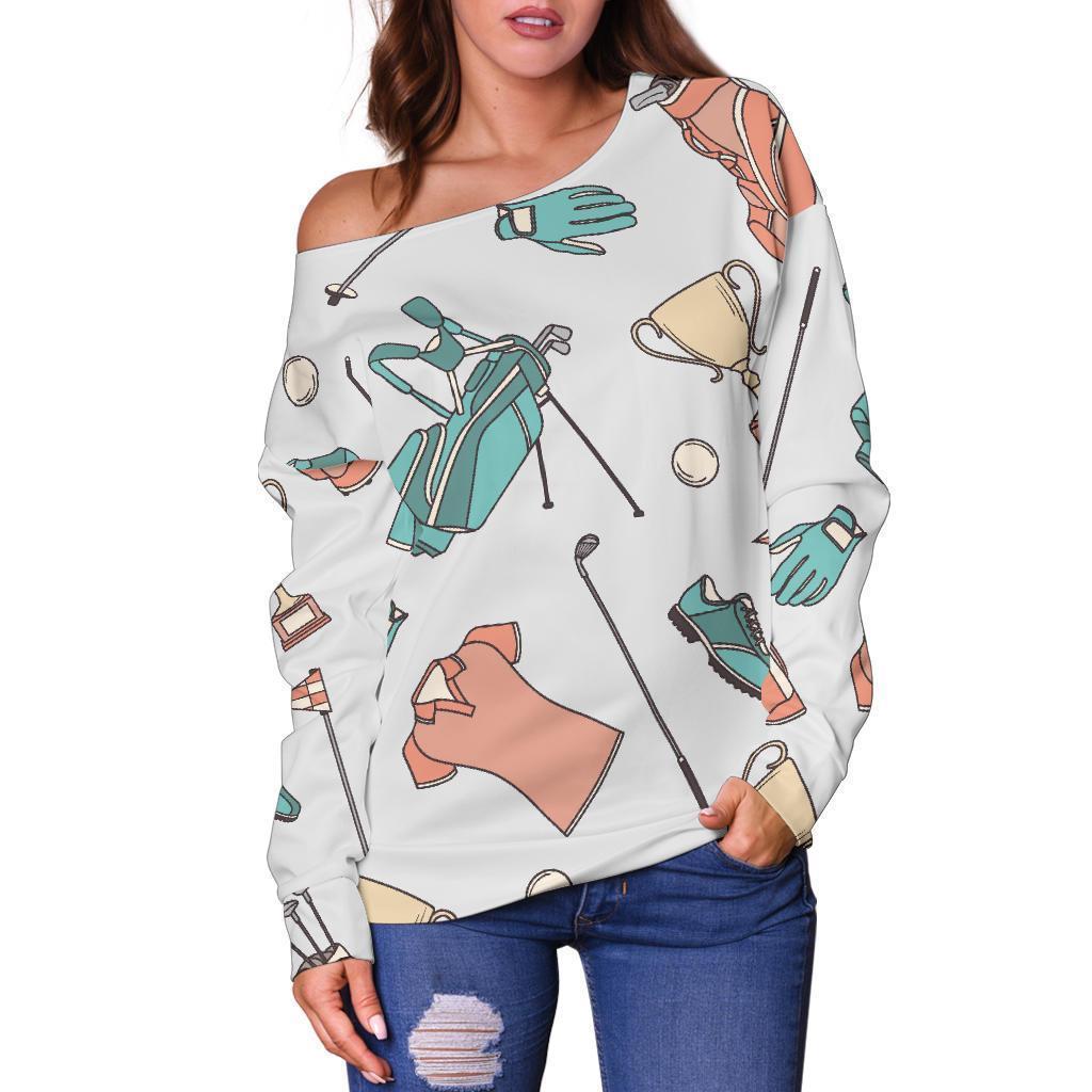 Golf Pattern Print Women Off Shoulder Sweatshirt-grizzshop