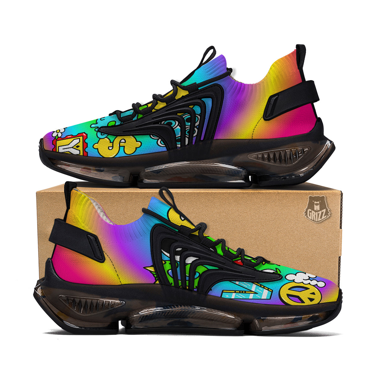 Good Vibes Only Quote Trippy Psychedelic Print Black Gym Shoes-grizzshop