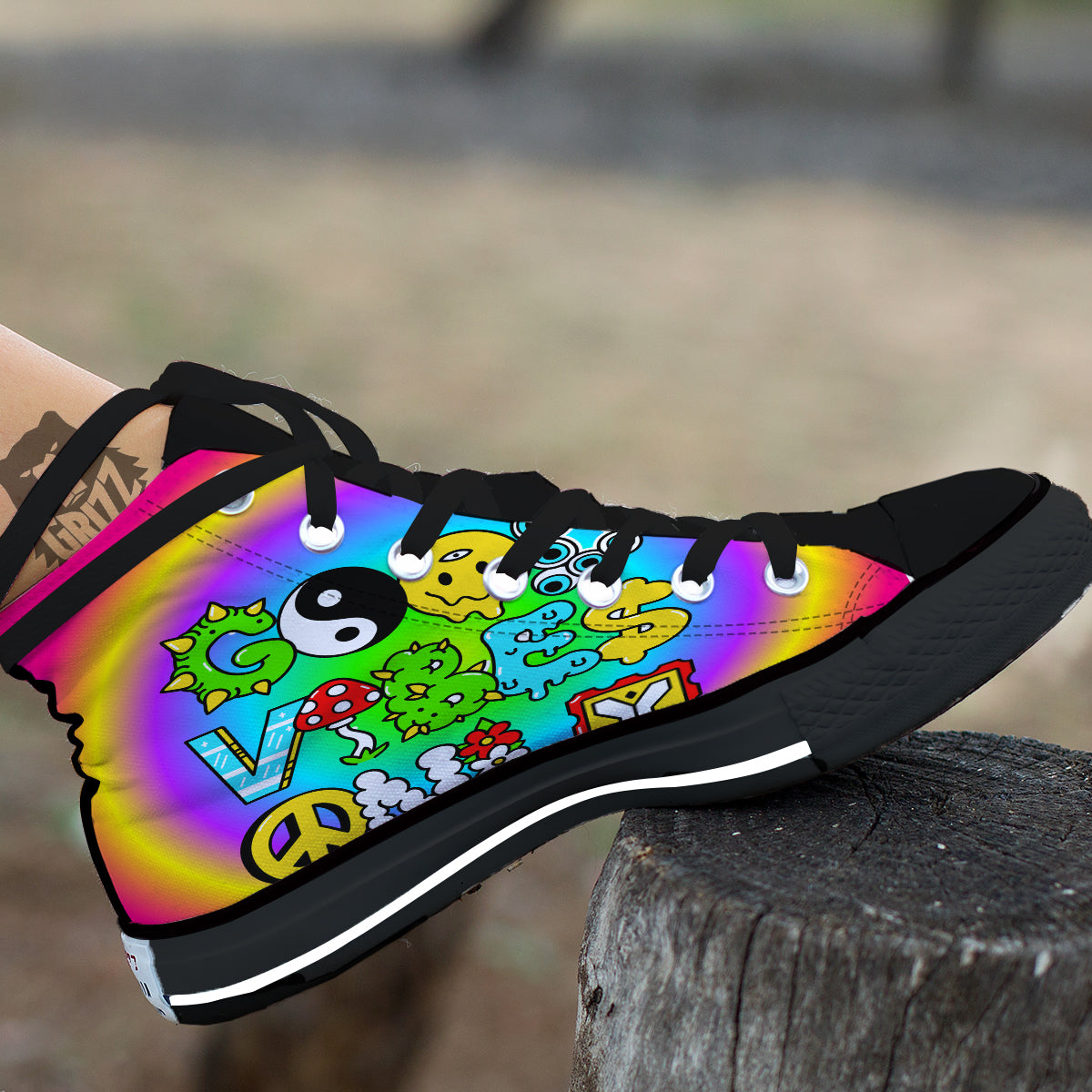 Good Vibes Only Quote Trippy Psychedelic Print Black High Top Shoes-grizzshop