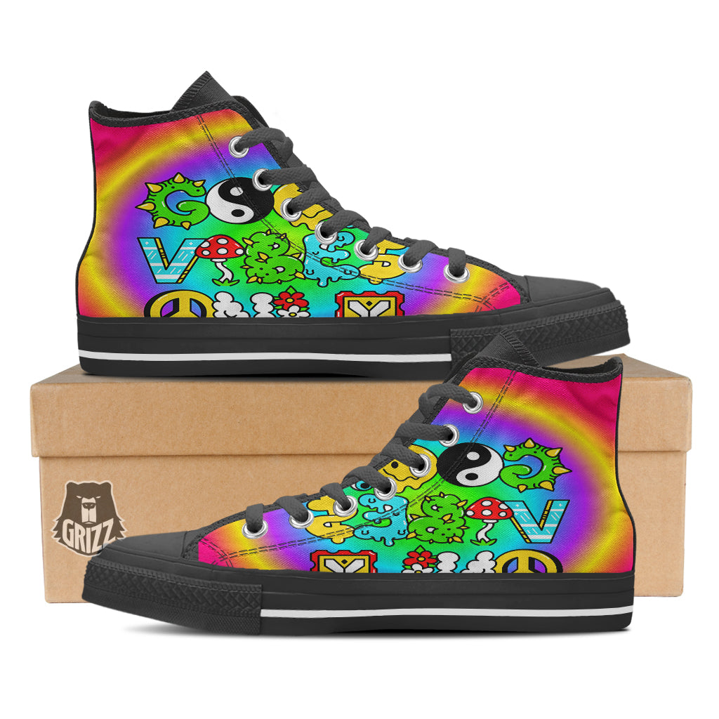 Good Vibes Only Quote Trippy Psychedelic Print Black High Top Shoes-grizzshop