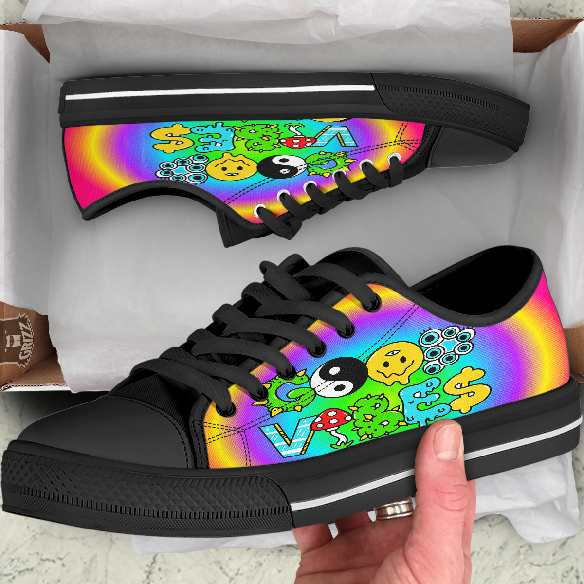 Good Vibes Only Quote Trippy Psychedelic Print Black Low Top Shoes-grizzshop