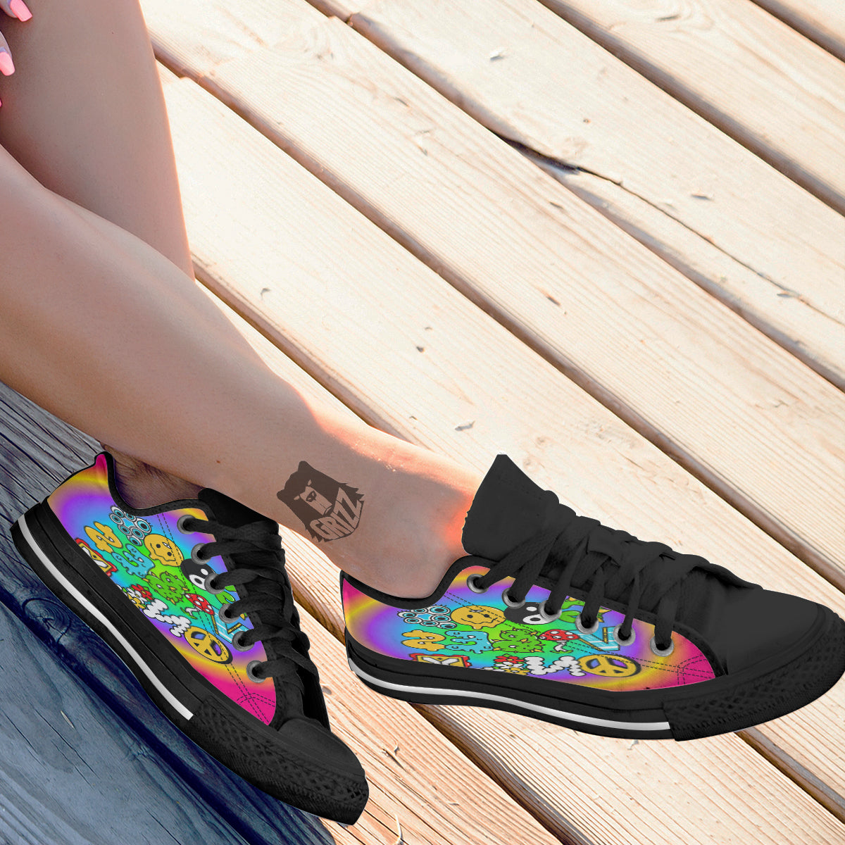 Good Vibes Only Quote Trippy Psychedelic Print Black Low Top Shoes-grizzshop