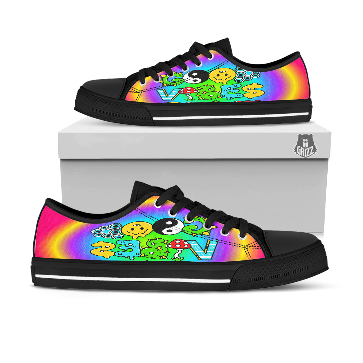 Good Vibes Only Quote Trippy Psychedelic Print Black Low Top Shoes-grizzshop