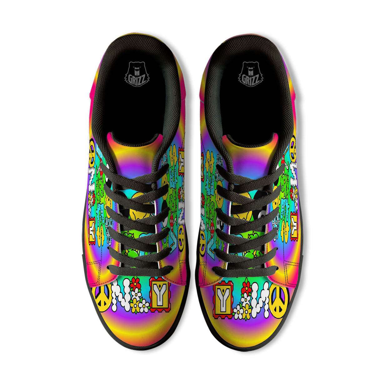 Good Vibes Only Quote Trippy Psychedelic Print Black Low Top Sneakers-grizzshop