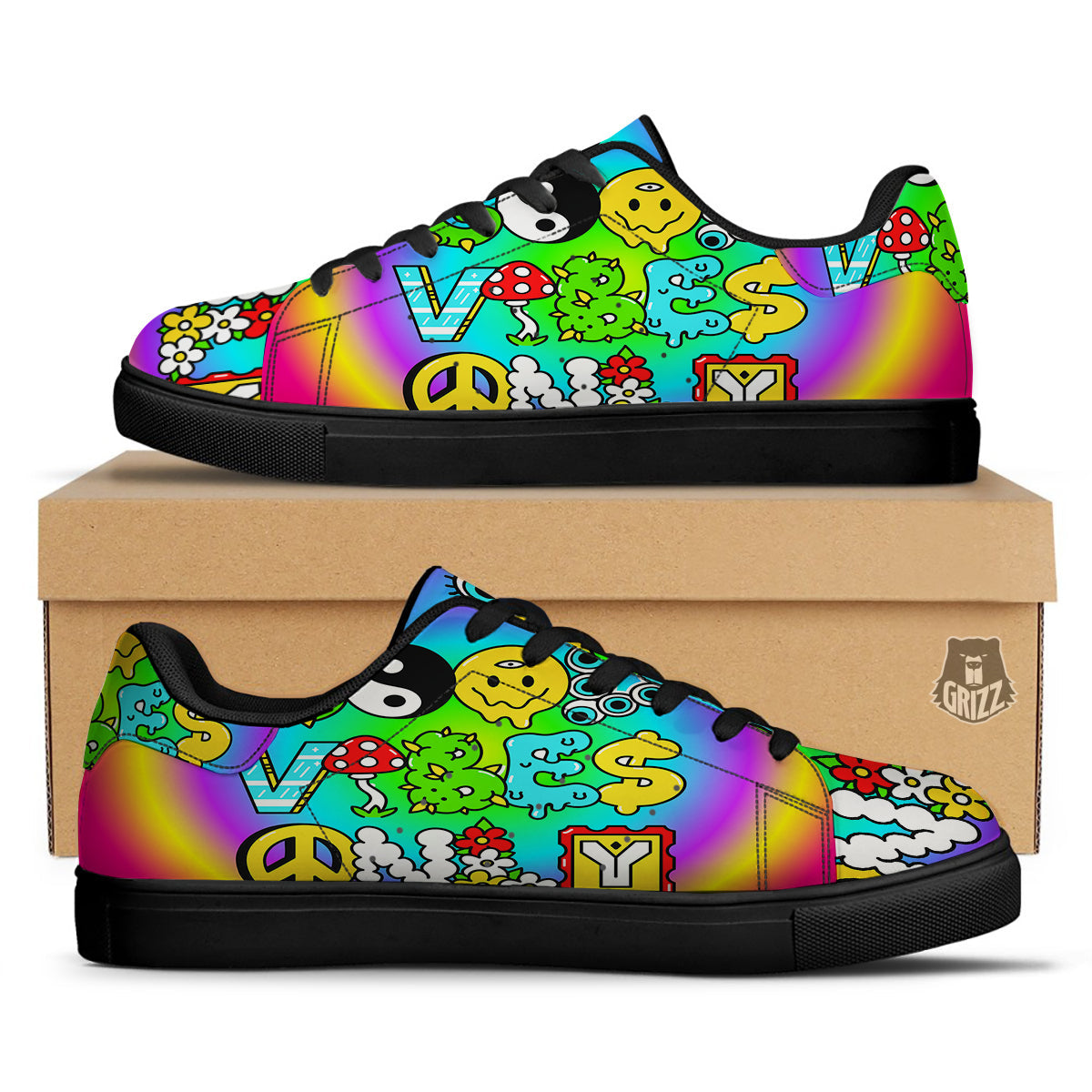 Good Vibes Only Quote Trippy Psychedelic Print Black Low Top Sneakers-grizzshop
