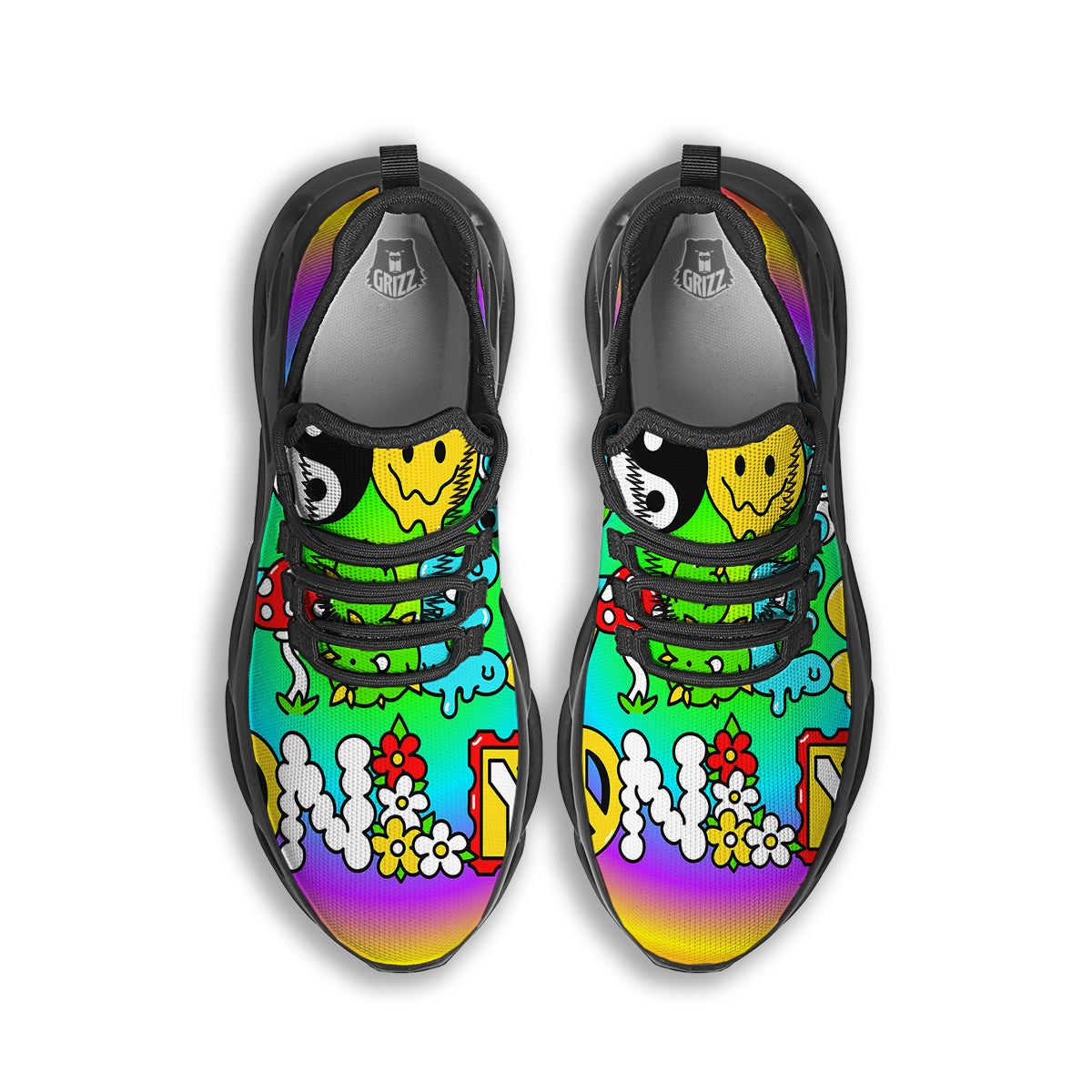 Good Vibes Only Quote Trippy Psychedelic Print Black Running Shoes-grizzshop