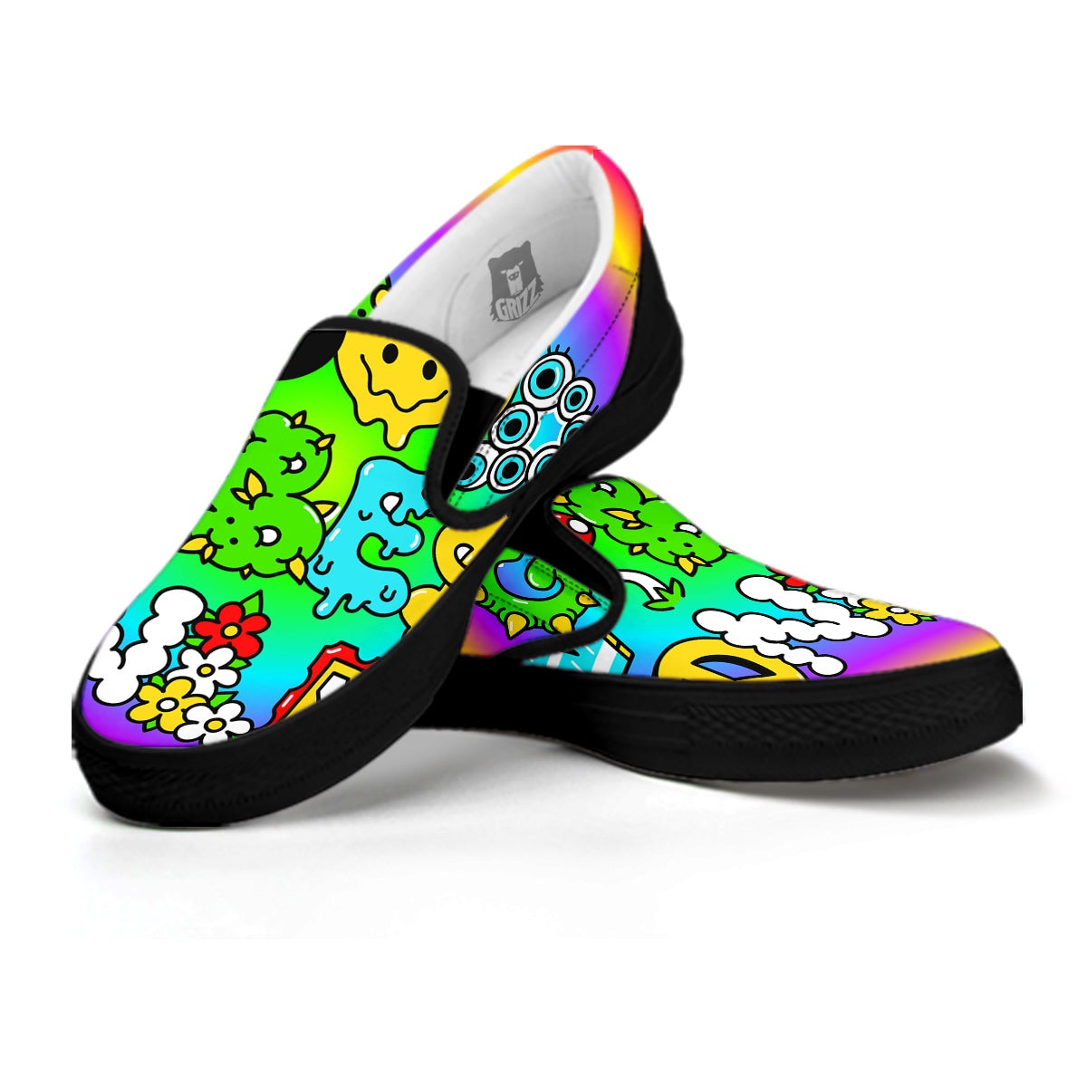 Good Vibes Only Quote Trippy Psychedelic Print Black Slip On Shoes-grizzshop