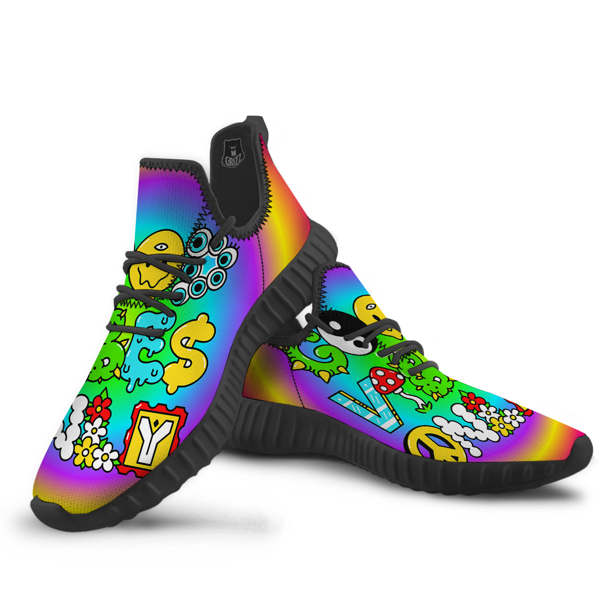 Good Vibes Only Quote Trippy Psychedelic Print Black Walking Shoes-grizzshop