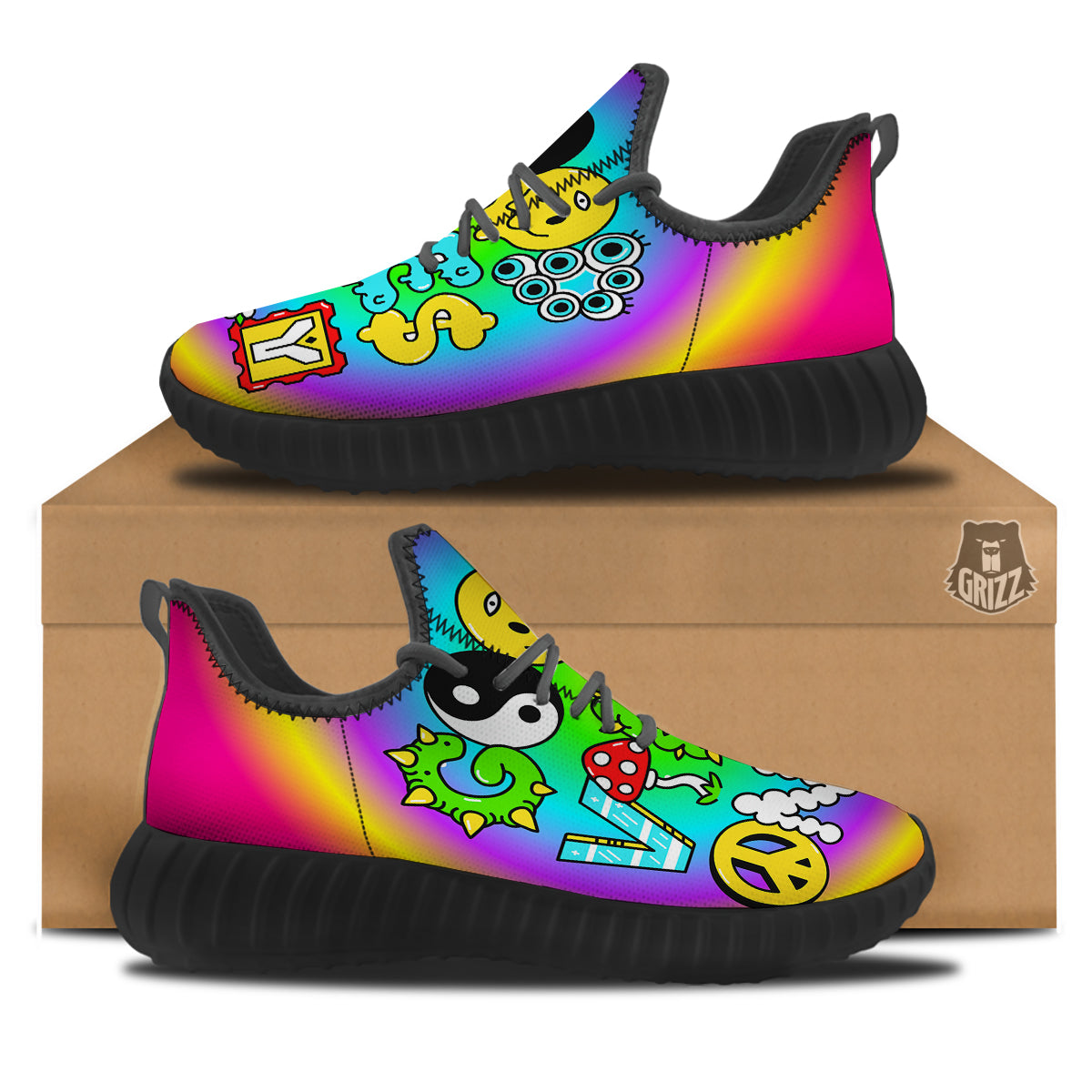 Good Vibes Only Quote Trippy Psychedelic Print Black Walking Shoes-grizzshop
