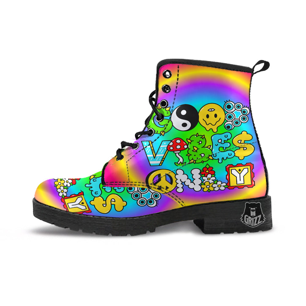 Good Vibes Only Quote Trippy Psychedelic Print Leather Boots-grizzshop