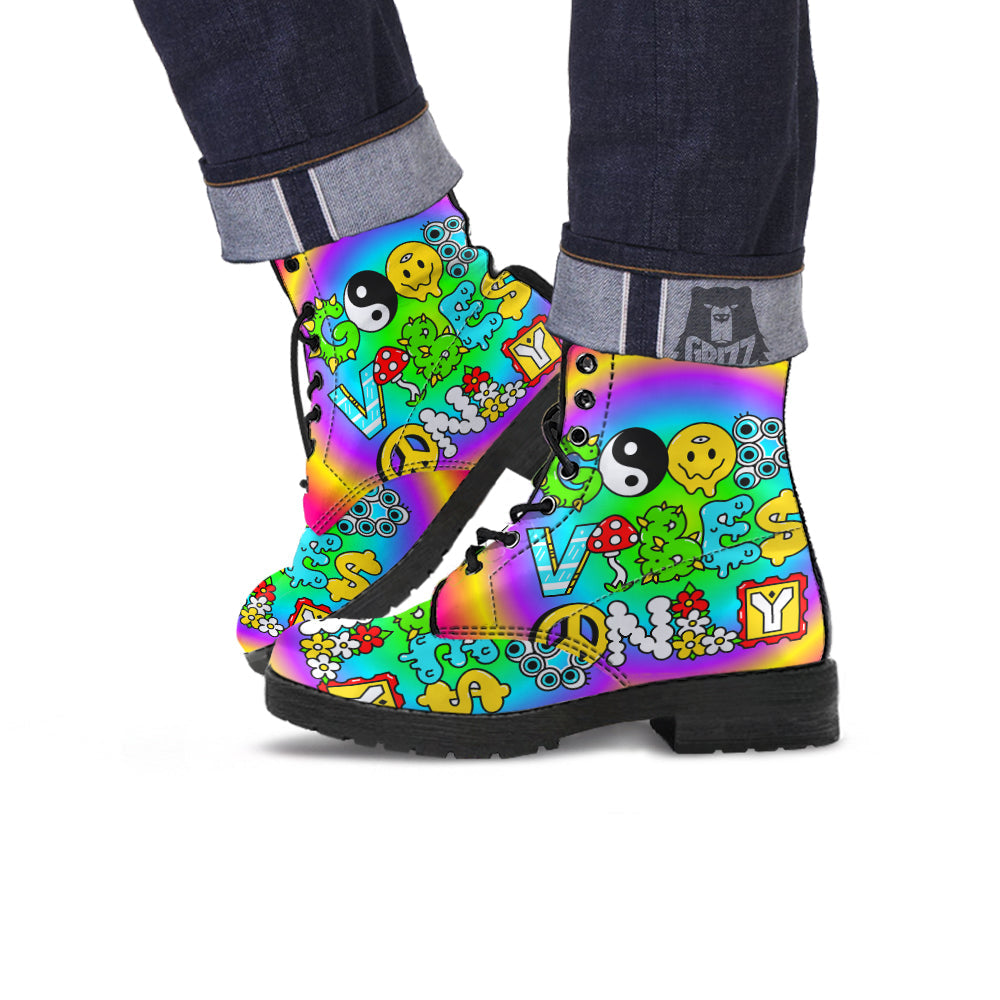 Good Vibes Only Quote Trippy Psychedelic Print Leather Boots-grizzshop