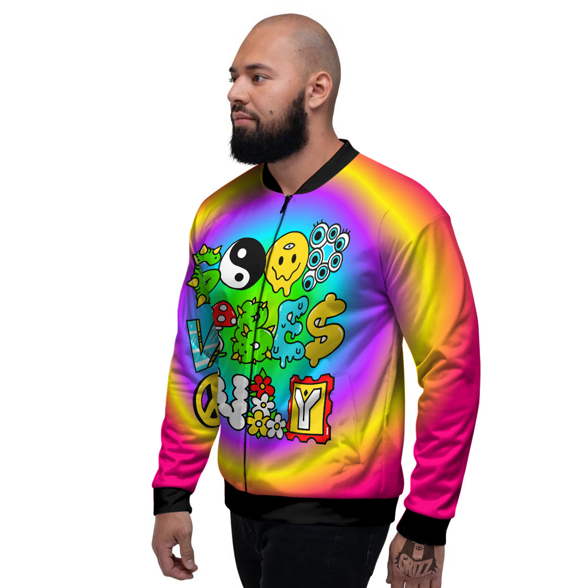 Good Vibes Only Quote Trippy Psychedelic Print Men's Bomber Jacket-grizzshop