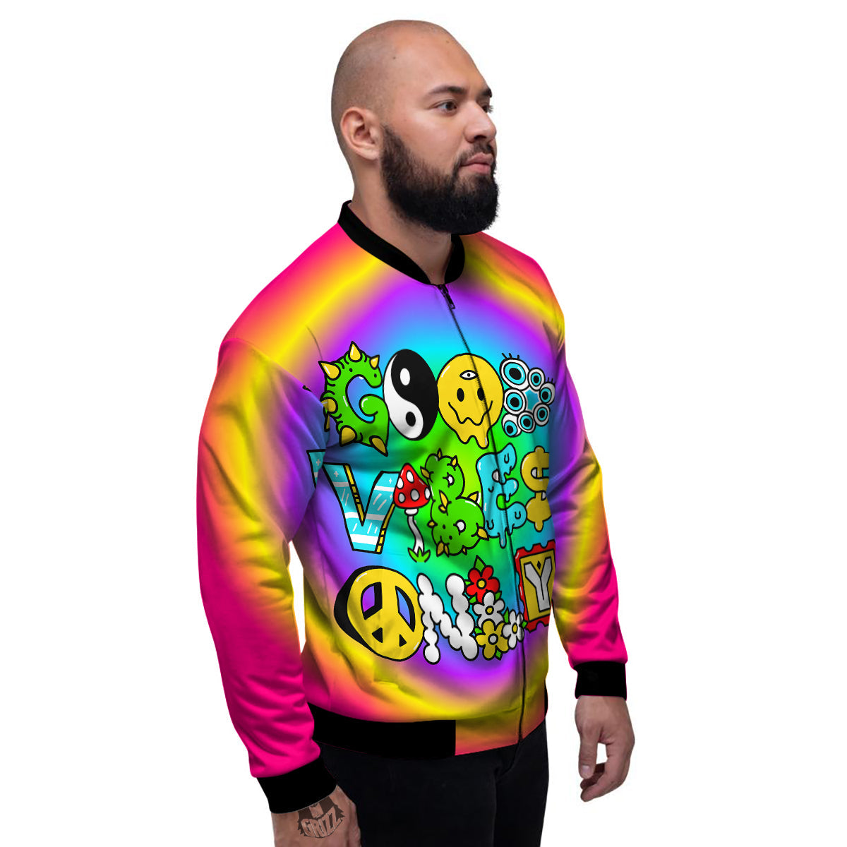 Good Vibes Only Quote Trippy Psychedelic Print Men's Bomber Jacket-grizzshop