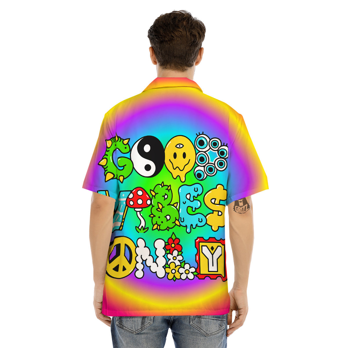 Good Vibes Only Quote Trippy Psychedelic Print Men's Hawaiian Shirt-grizzshop