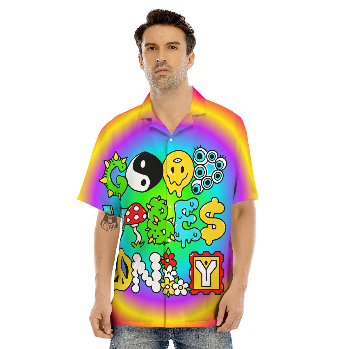Good Vibes Only Quote Trippy Psychedelic Print Men's Hawaiian Shirt-grizzshop
