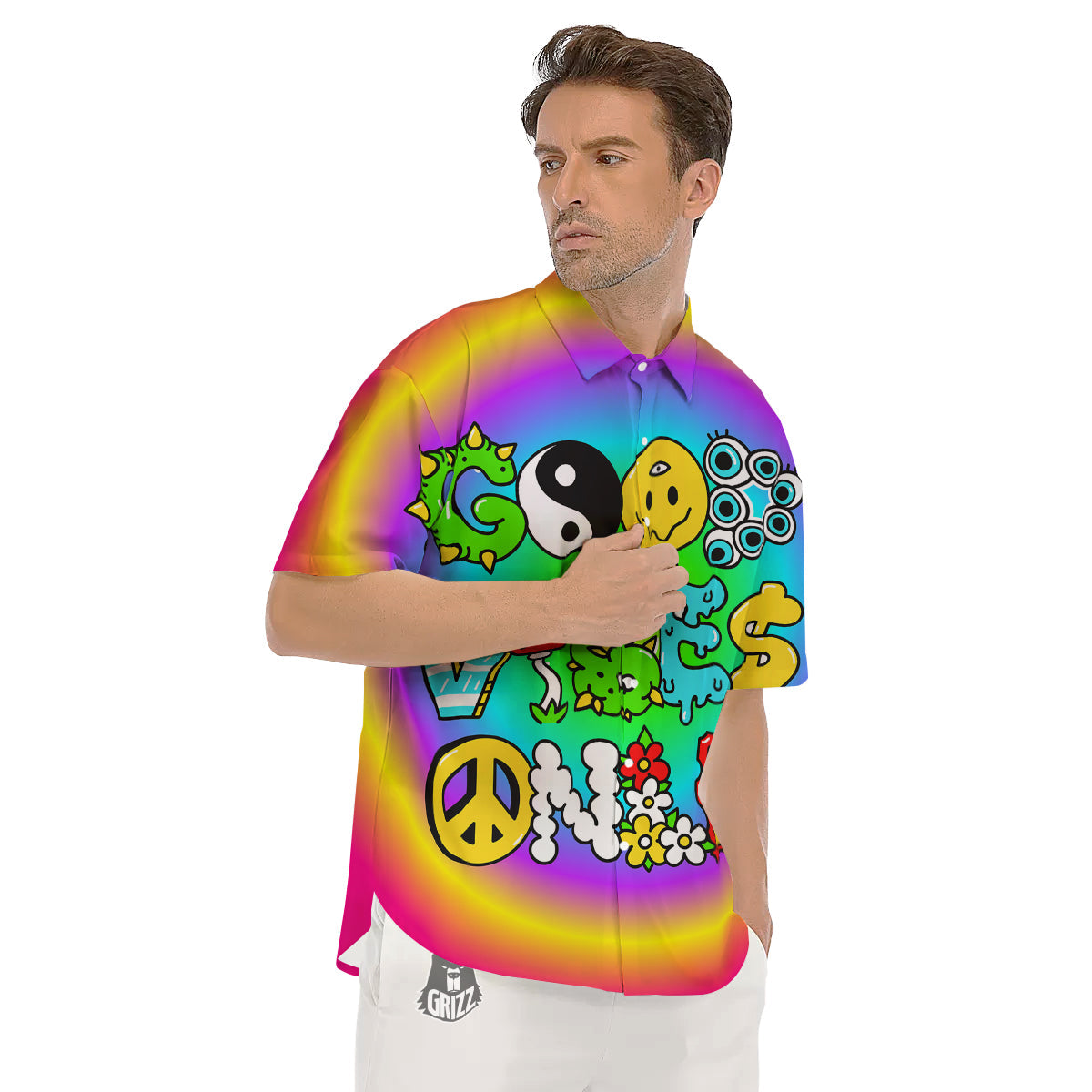 Good Vibes Only Quote Trippy Psychedelic Print Men's Short Sleeve Shirts-grizzshop