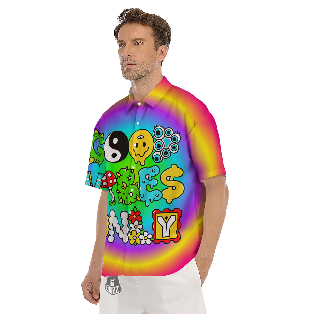 Good Vibes Only Quote Trippy Psychedelic Print Men's Short Sleeve Shirts-grizzshop