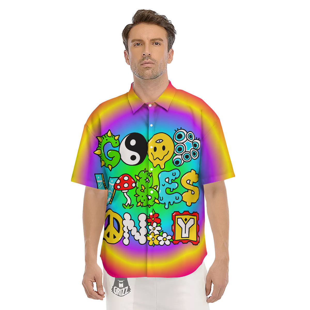 Good Vibes Only Quote Trippy Psychedelic Print Men's Short Sleeve Shirts-grizzshop