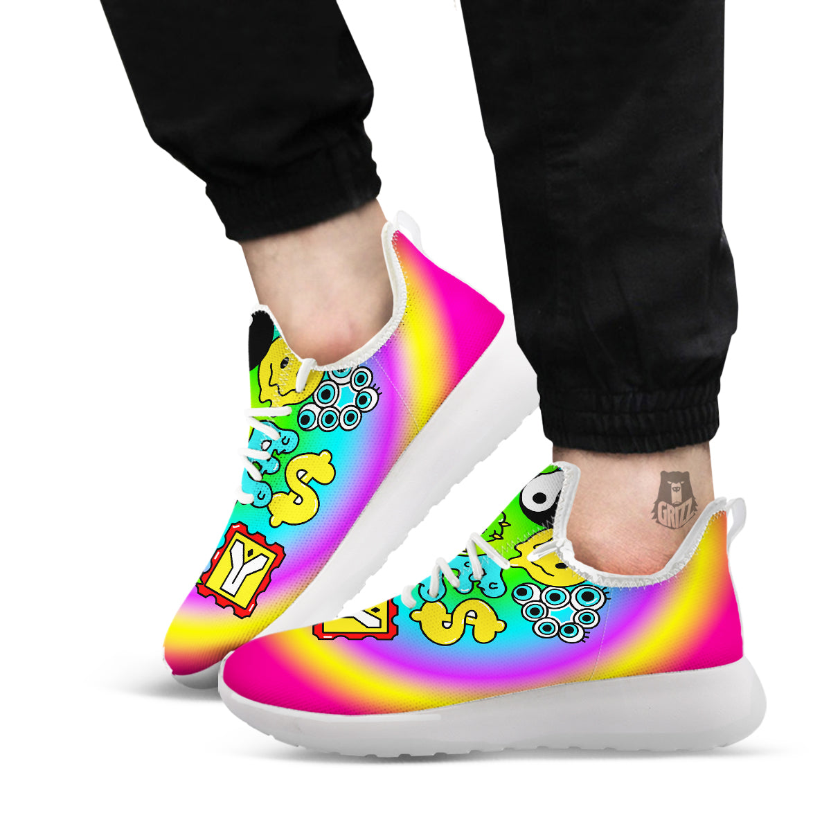 Good Vibes Only Quote Trippy Psychedelic Print White Athletic Shoes-grizzshop