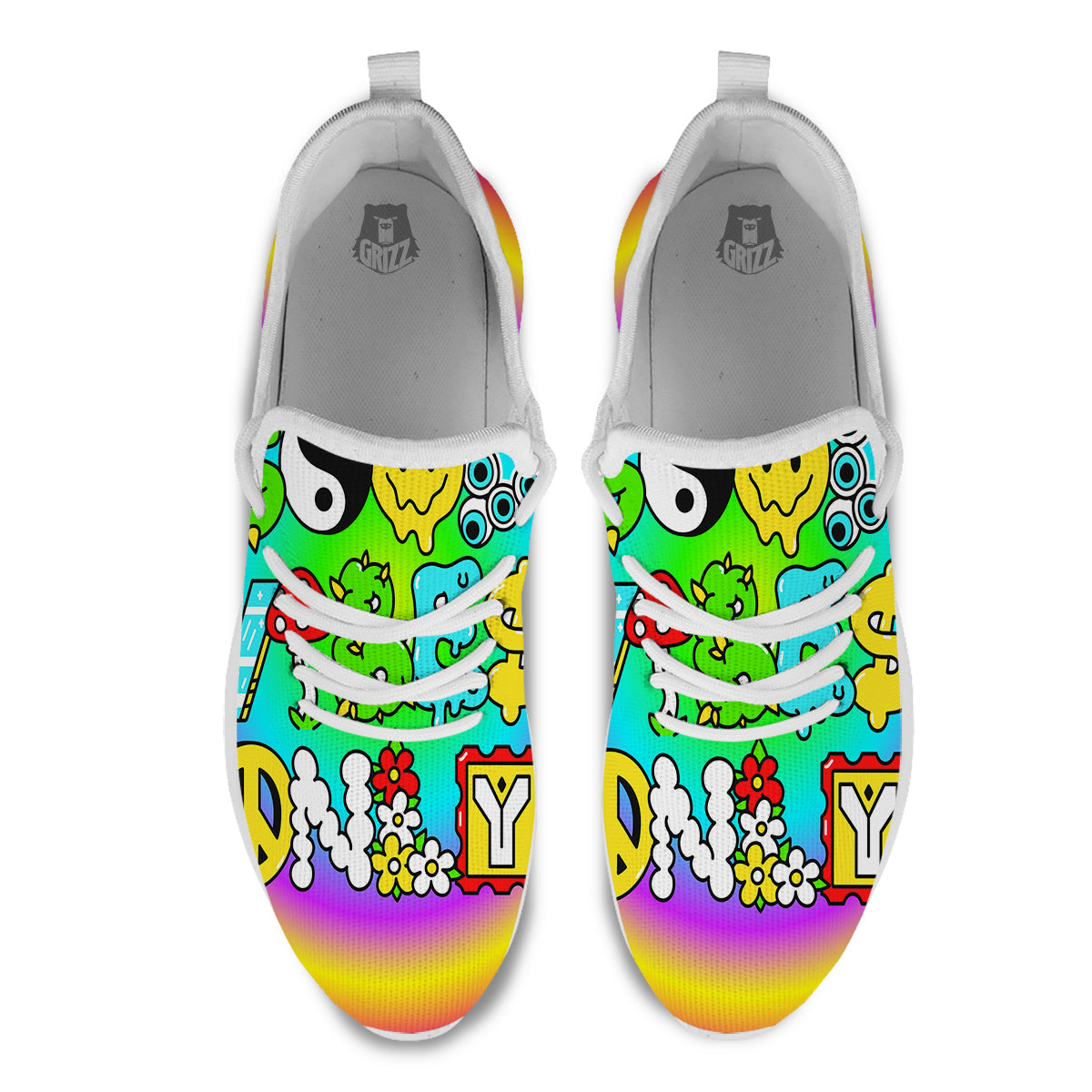 Good Vibes Only Quote Trippy Psychedelic Print White Athletic Shoes-grizzshop