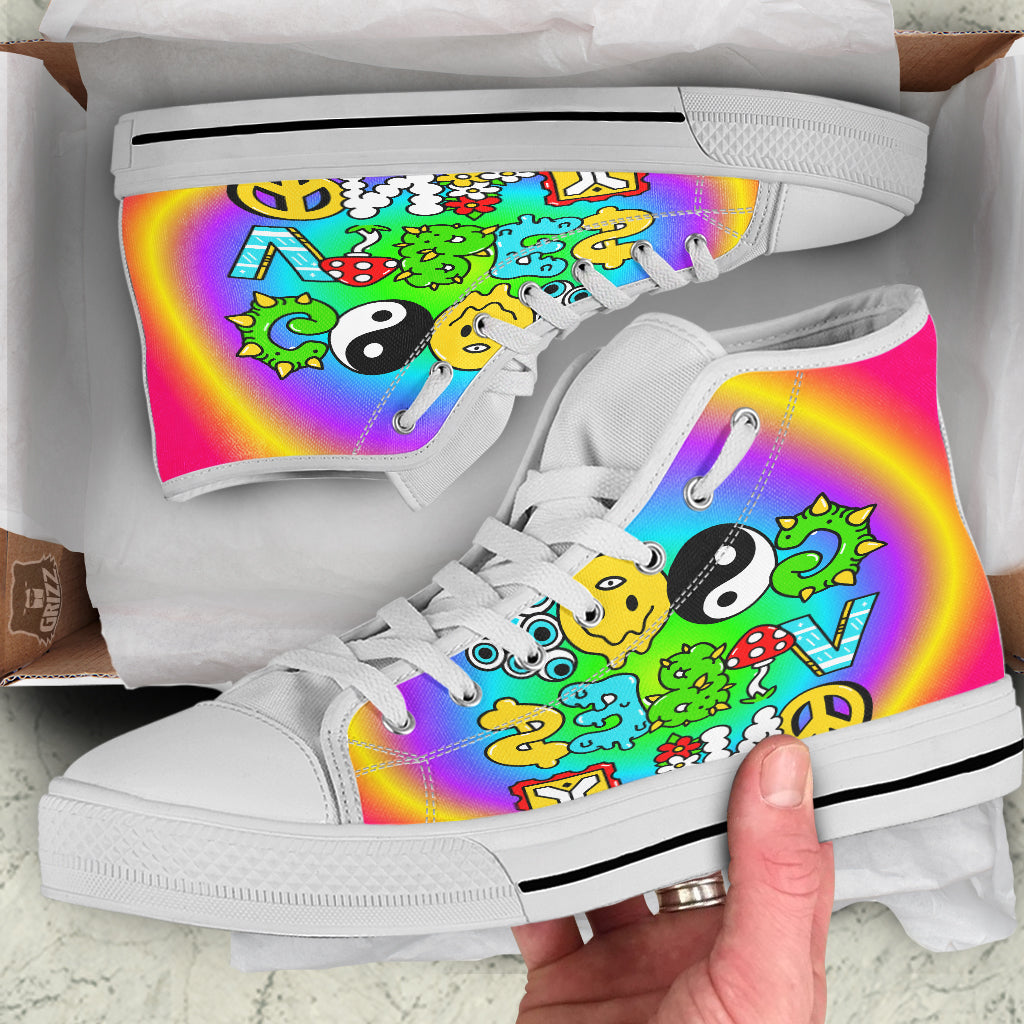 Good Vibes Only Quote Trippy Psychedelic Print White High Top Shoes-grizzshop