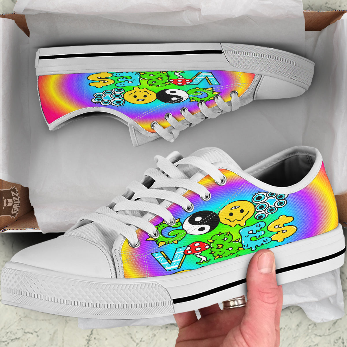 Good Vibes Only Quote Trippy Psychedelic Print White Low Top Shoes-grizzshop