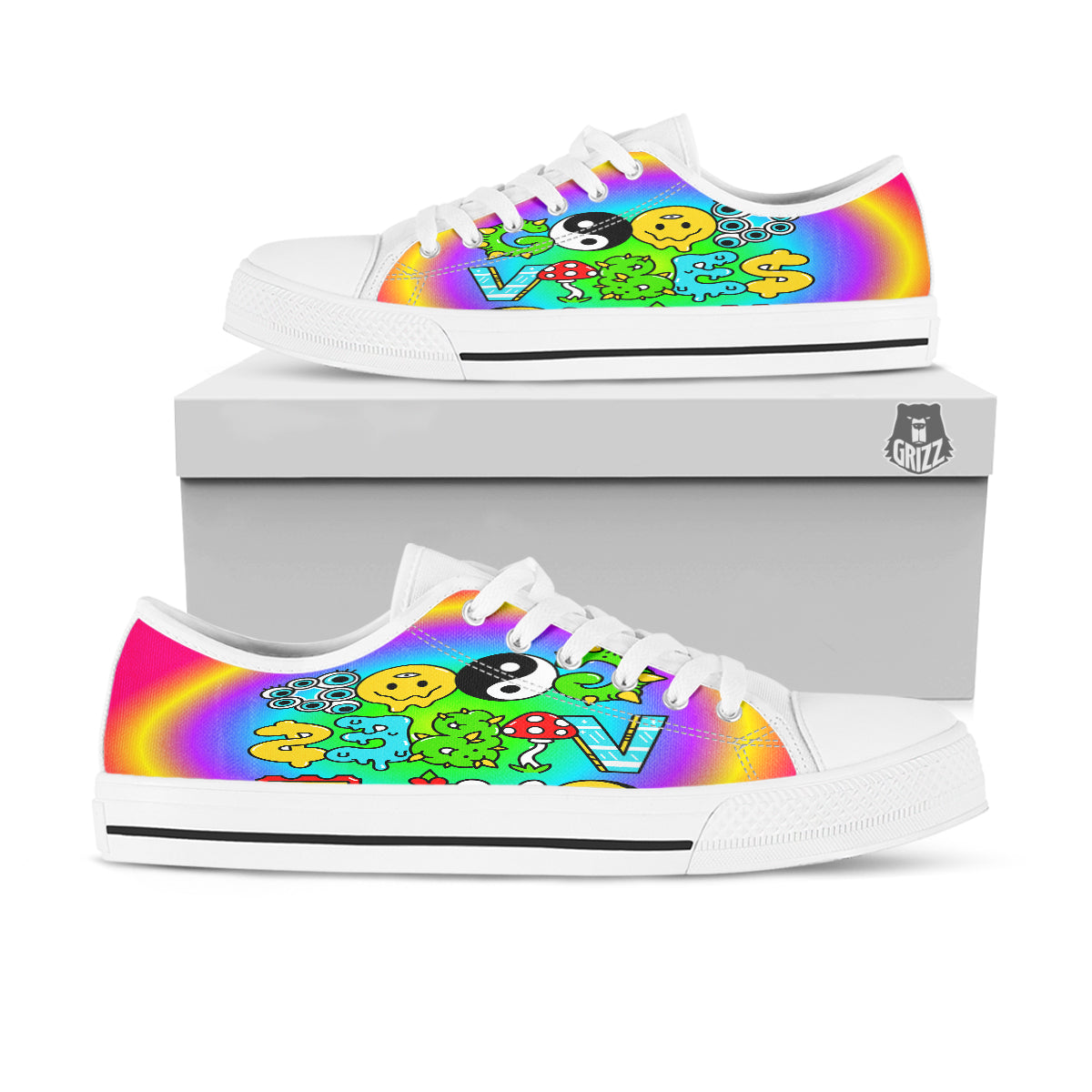 Good Vibes Only Quote Trippy Psychedelic Print White Low Top Shoes-grizzshop