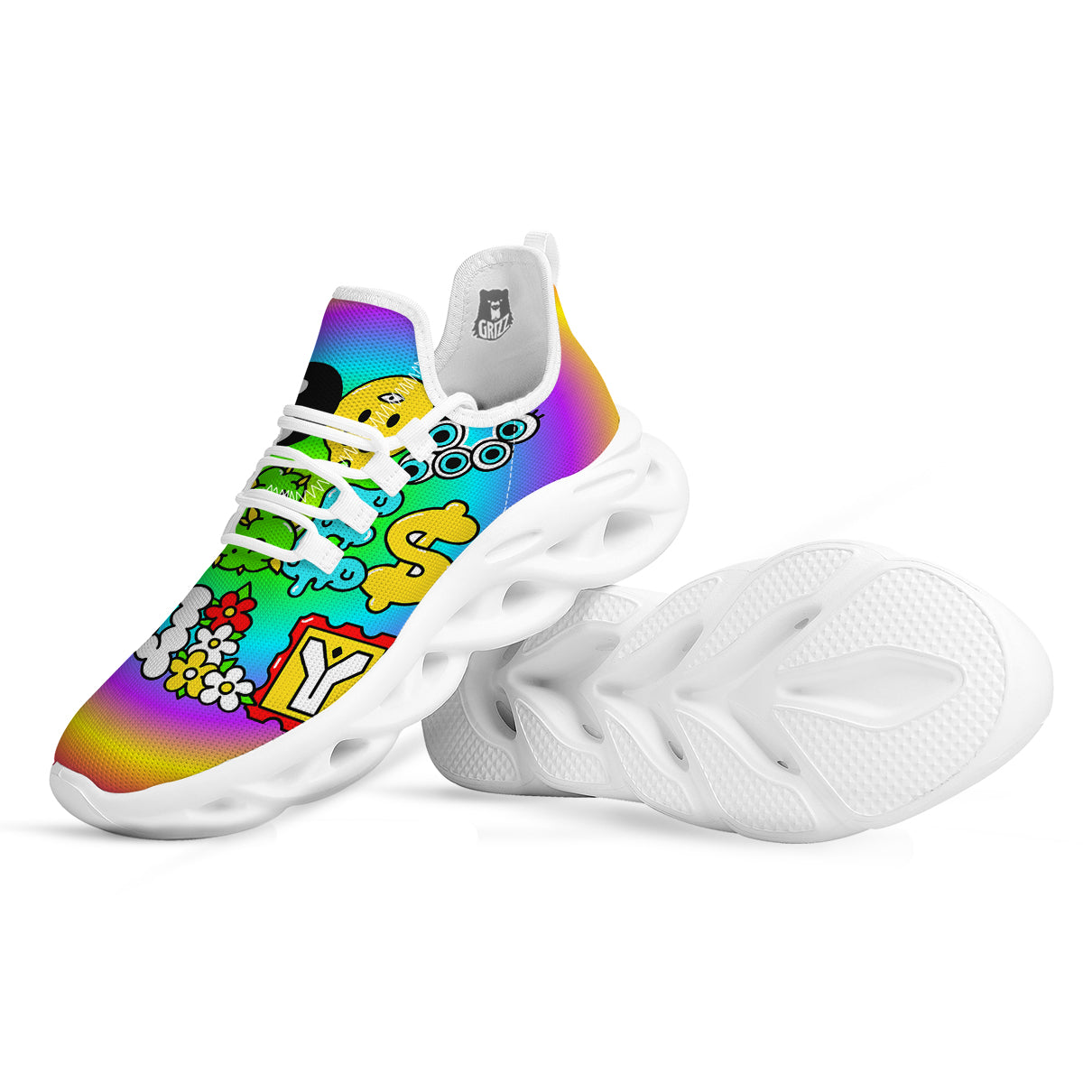 Good Vibes Only Quote Trippy Psychedelic Print White Running Shoes-grizzshop
