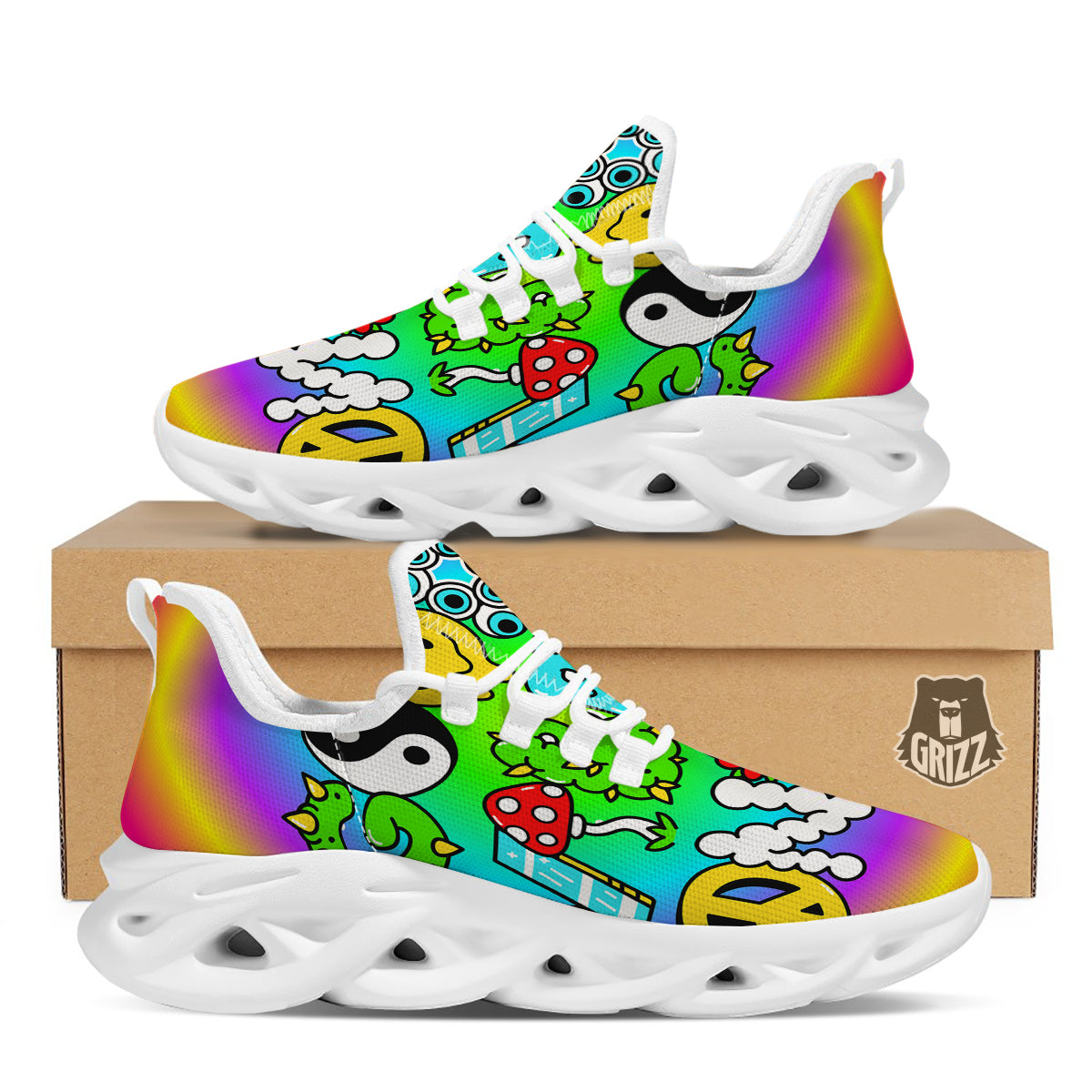 Good Vibes Only Quote Trippy Psychedelic Print White Running Shoes-grizzshop