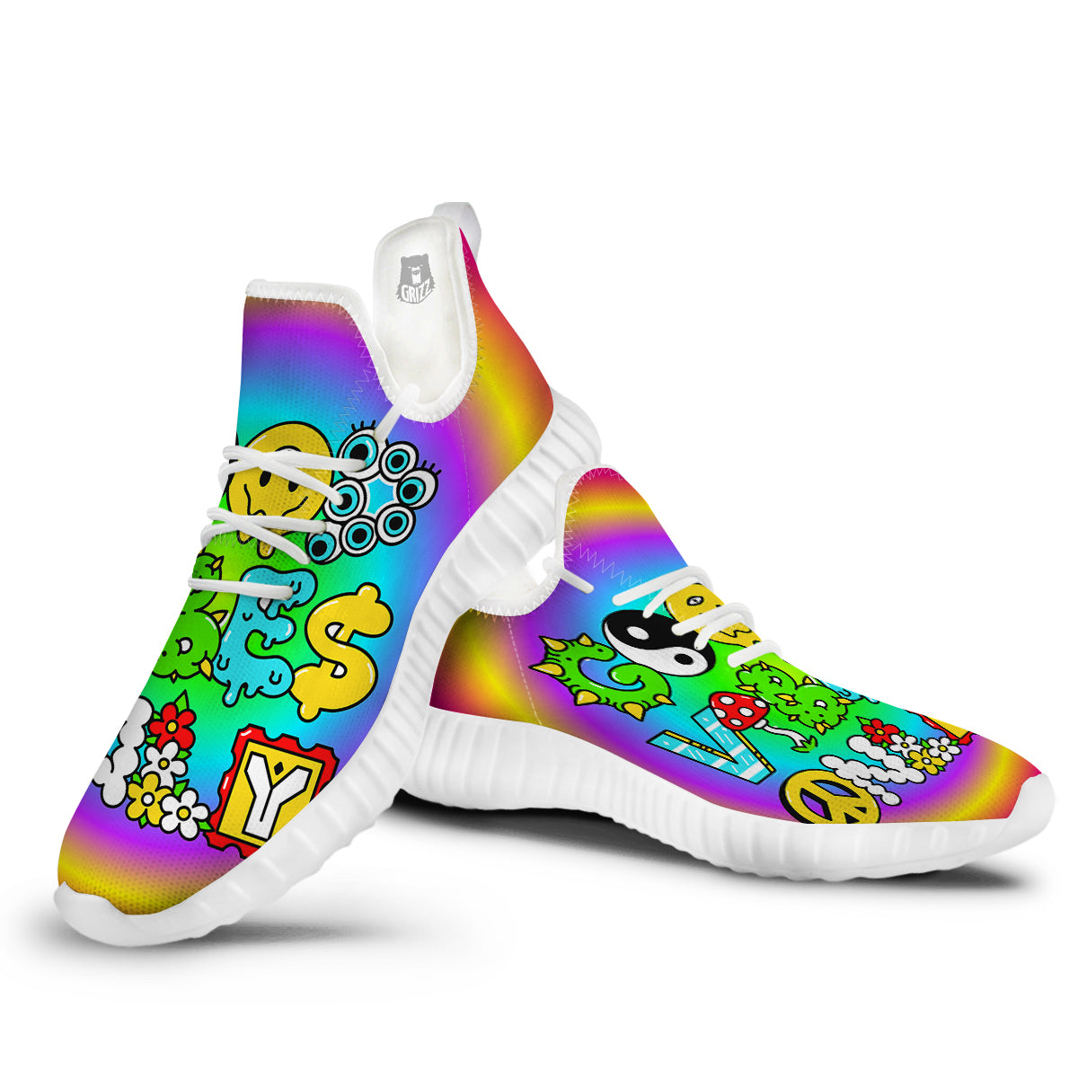 Good Vibes Only Quote Trippy Psychedelic Print White Walking Shoes-grizzshop