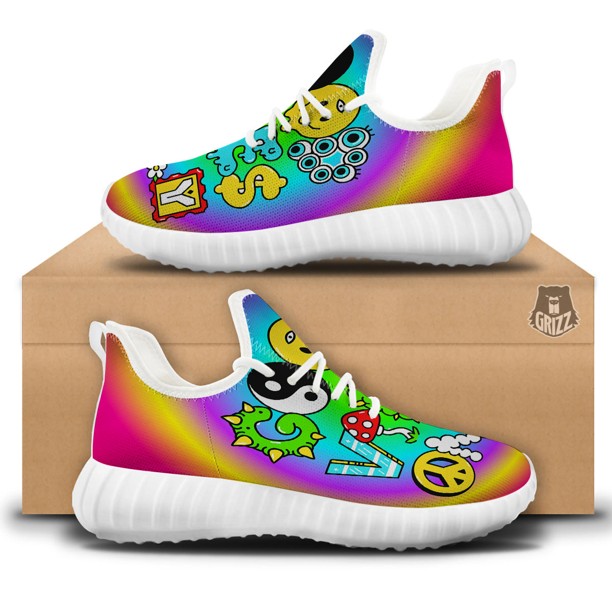 Good Vibes Only Quote Trippy Psychedelic Print White Walking Shoes-grizzshop