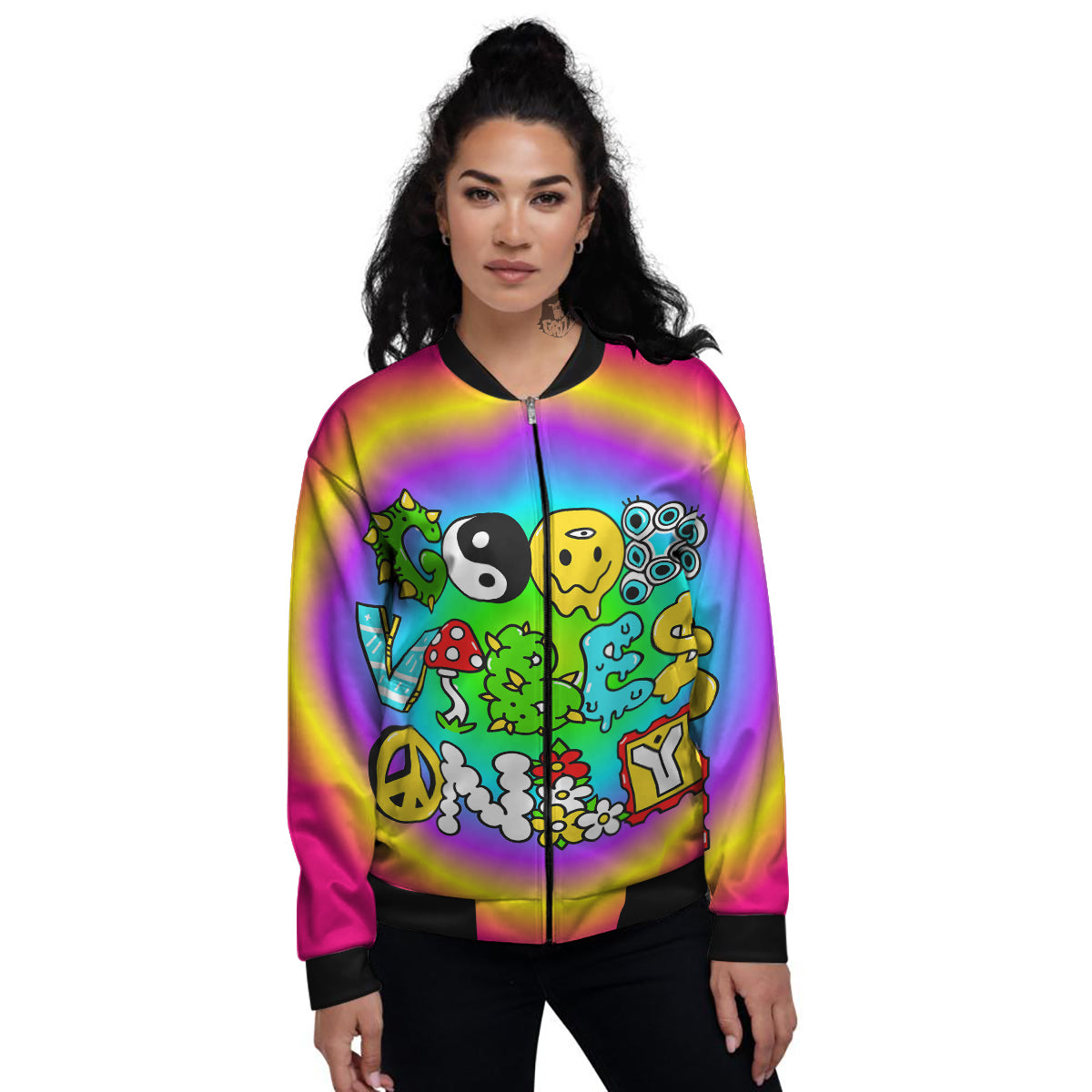 Good Vibes Only Quote Trippy Psychedelic Print Women's Bomber Jacket-grizzshop