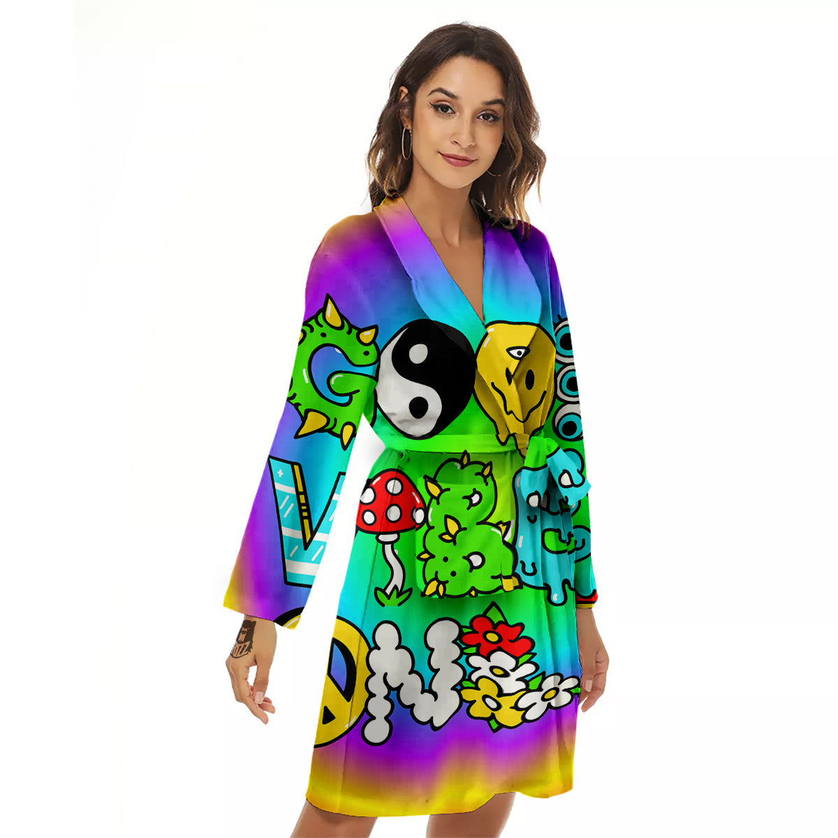 Good Vibes Only Quote Trippy Psychedelic Print Women's Robe-grizzshop