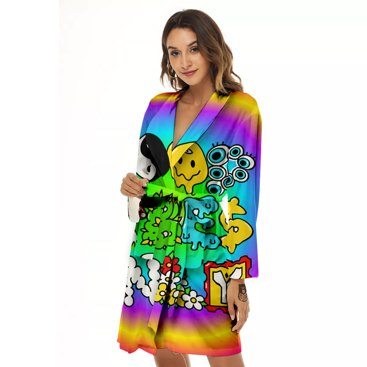 Good Vibes Only Quote Trippy Psychedelic Print Women's Robe-grizzshop