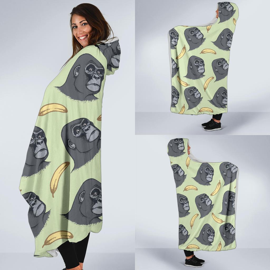 Gorilla Banana Pattern Print Hooded Blanket-grizzshop