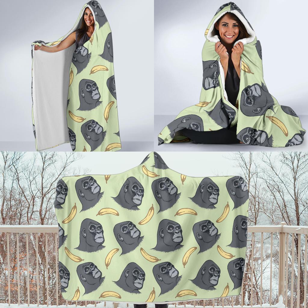 Gorilla Banana Pattern Print Hooded Blanket-grizzshop