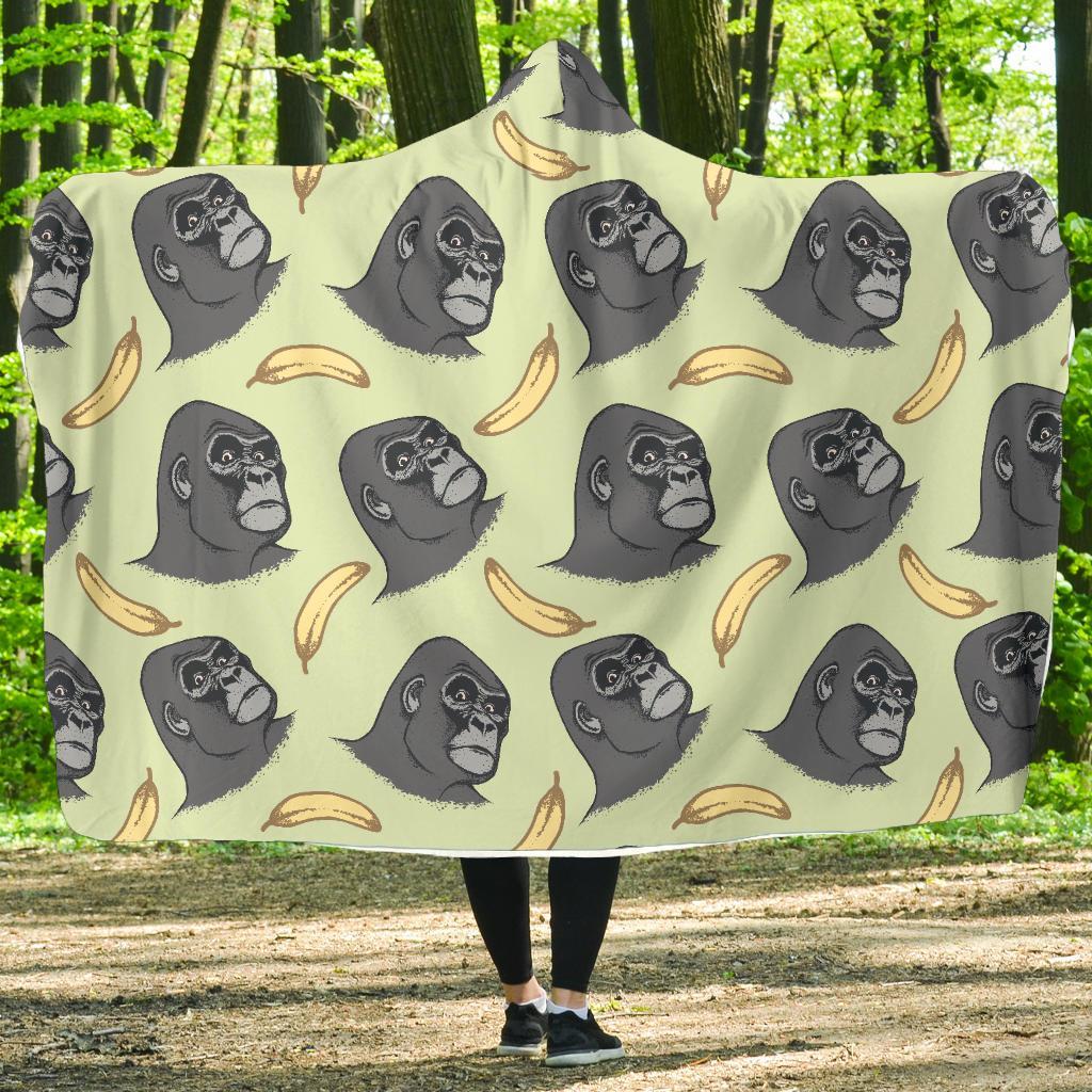 Gorilla Banana Pattern Print Hooded Blanket-grizzshop