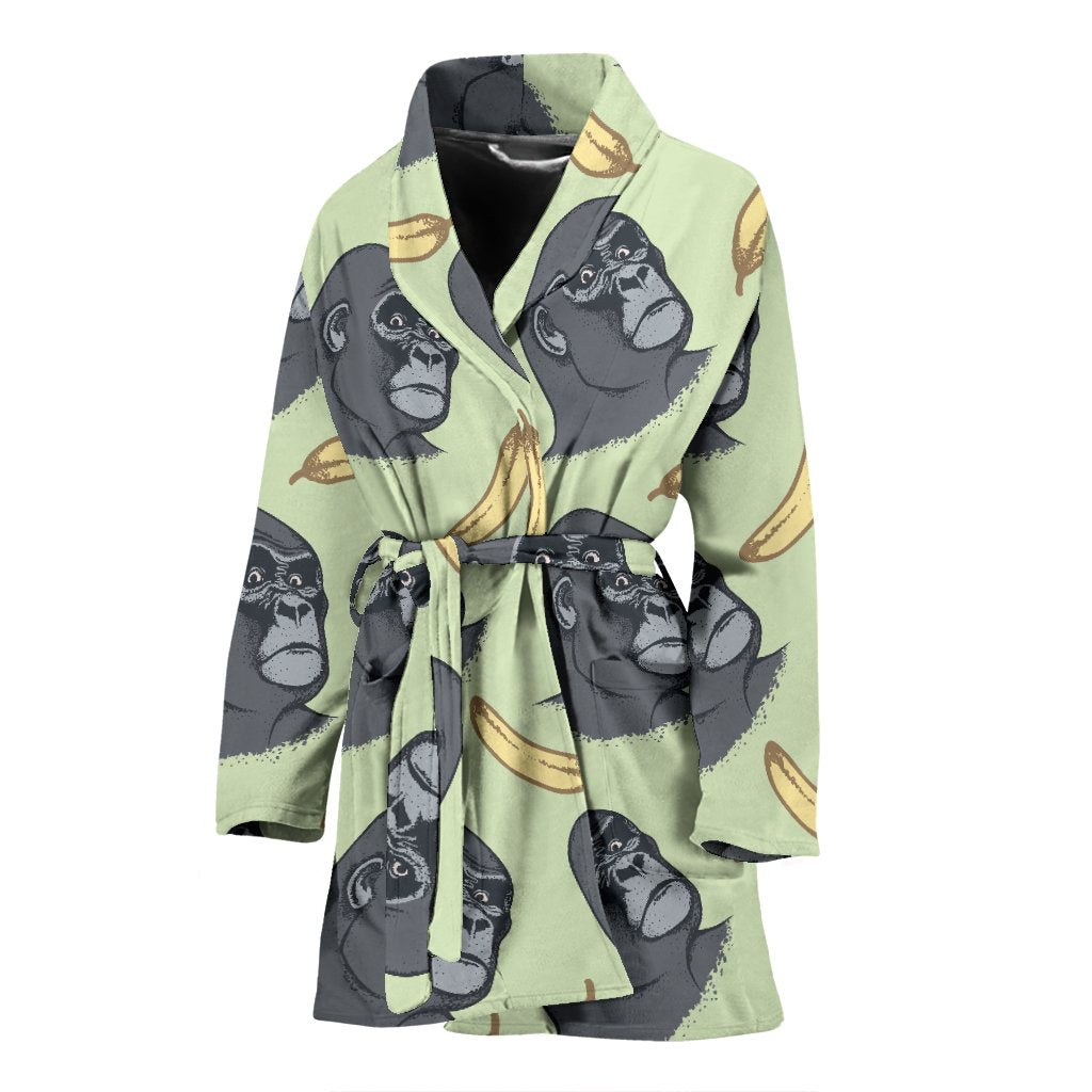 Gorilla Banana Pattern Print Women Long Robe-grizzshop